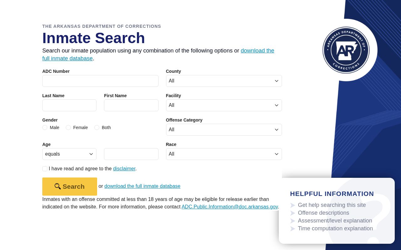 Arkansas ADC offender photo search for Sevier County records