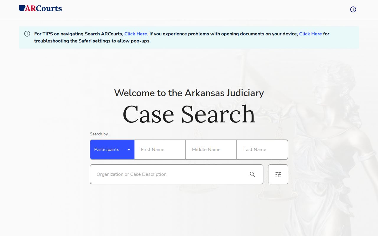 Search ARCourts form for Sevier County arrest case records